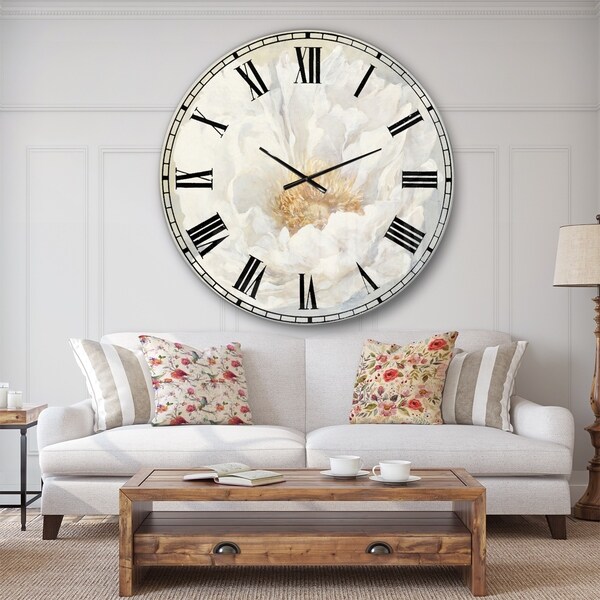 Designart 'White Serene Peony' Cottage Large Wall CLock