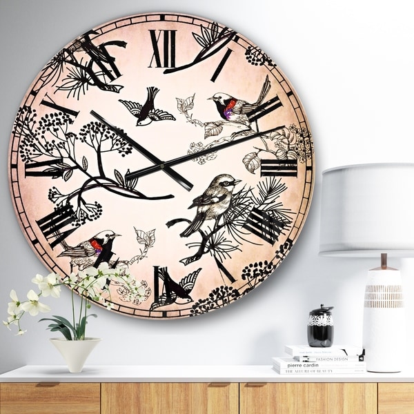 Designart 'Floral pattern with birds' Floral Wall CLock