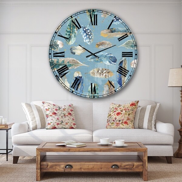 Designart 'Indigold Feathers Turquoise Pattern' Floral Large Wall CLock