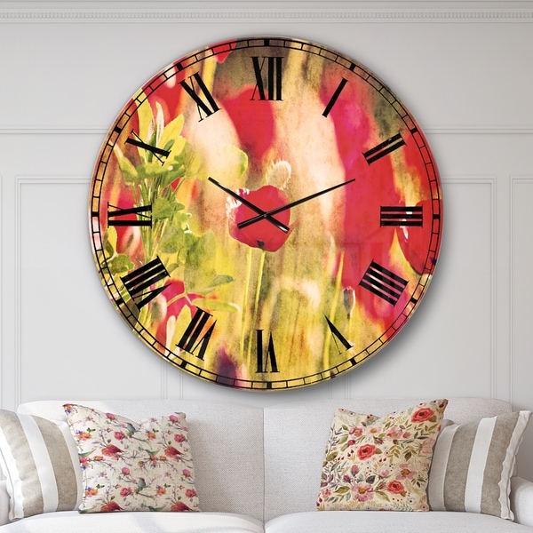 Designart 'Red Poppies on Green Background' Flower Wall CLock