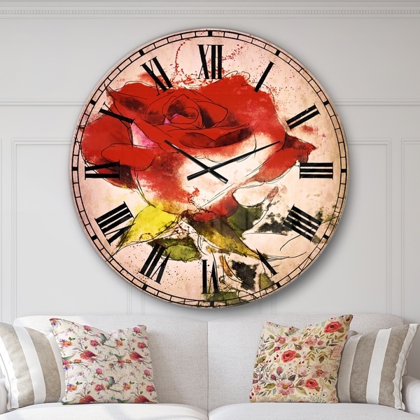 Designart 'Hand drawn Watercolor Rose Flower' Floral Large Wall CLock
