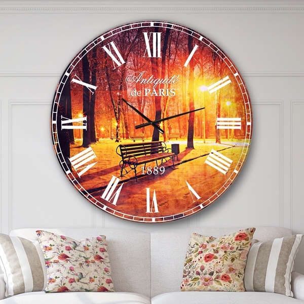 Designart 'Benches Covered in Winter Snow' Landscape Large Wall CLock
