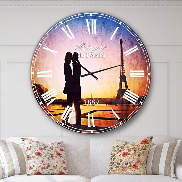 Designart 'Eiffel with Kissing Couple' Landscape Photo Large Wall CLock