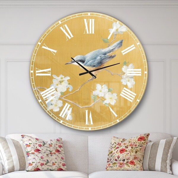 Designart 'Gold Bird on Blossoms II' Farmhouse Large Wall CLock