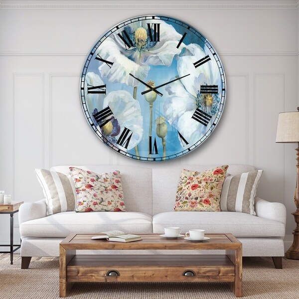 Designart 'White Flower on Blue II' Farmhouse Large Wall CLock