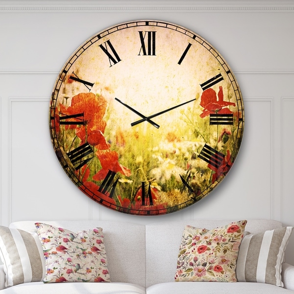 Designart 'Grunge Background with Red Poppies' Floral Large Wall CLock