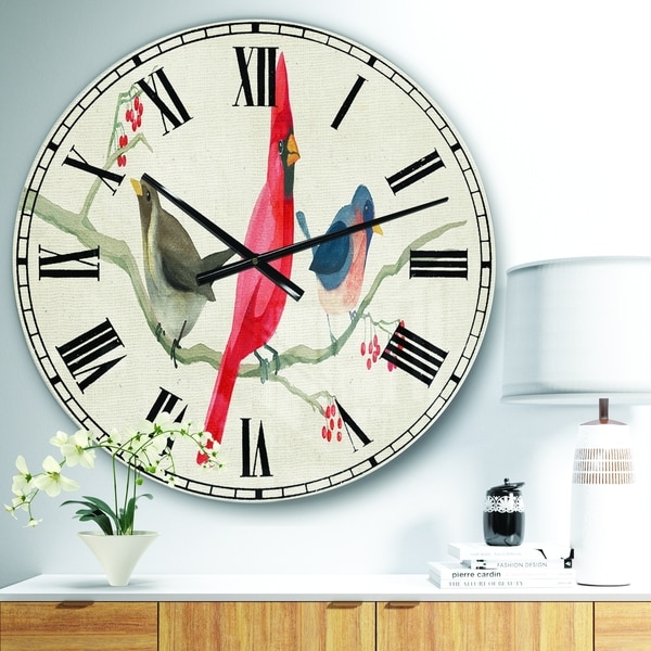 Designart 'Red Farmhouse Bird on Branch Painting' Modern Farmhouse Wall CLock