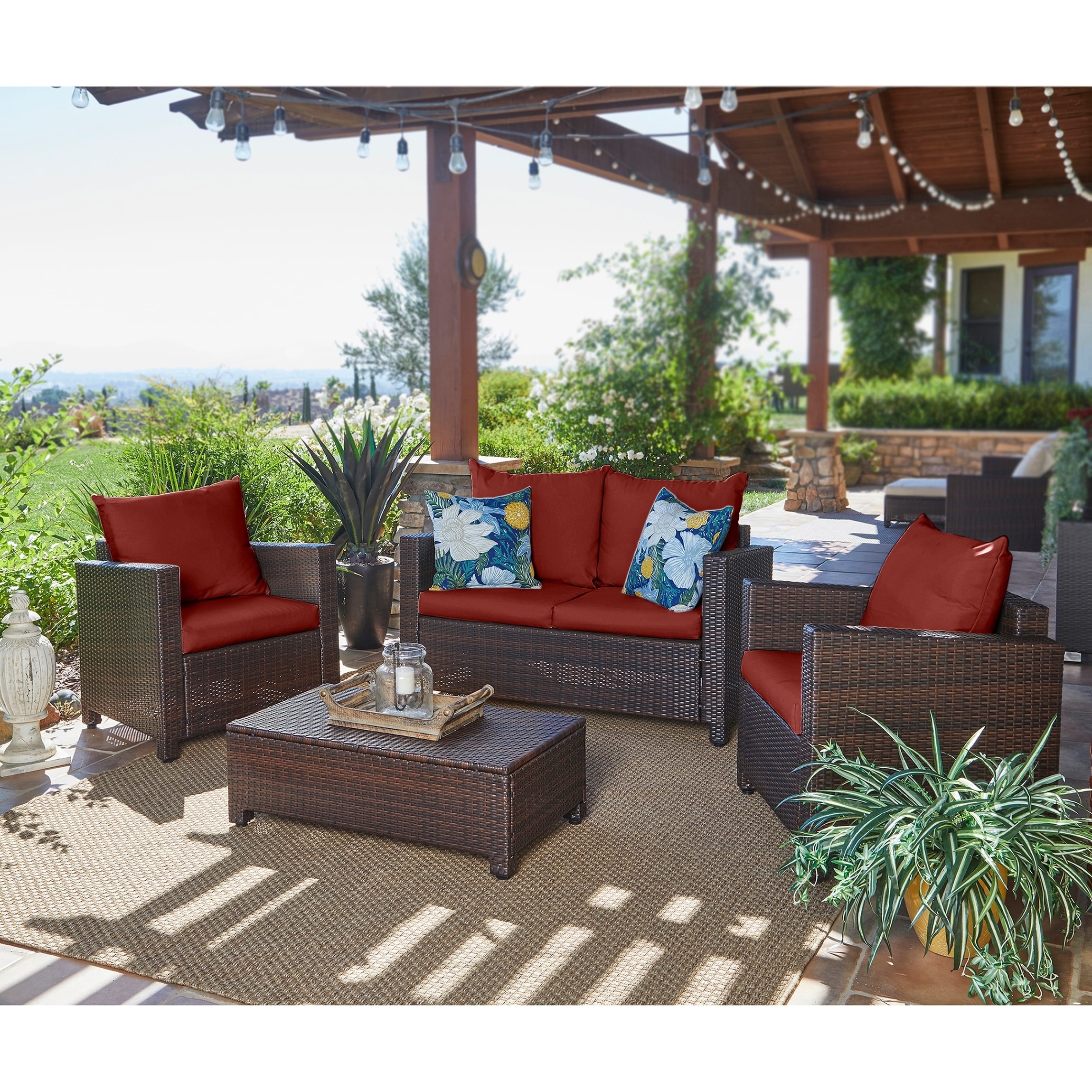 Havenside Home Stillwater Indoor/Outdoor 4 Piece Brown Resin Rattan Seating Group with Terracotta Cushions