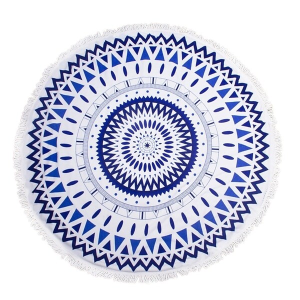 Round Thick Terry 60" Beach Towel 1Lb Yoga Towel Mat Blanket W/ Tassels Geometric