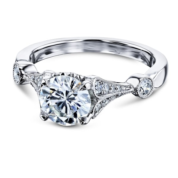 Annello by Kobelli 14k White Gold 1 1/4ct TGW Vintage Bell Heart Shank Forever One Moissanite and Diamond Engagement Ring. Opens flyout.