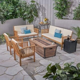 Carolina Outdoor 4 Piece Acacia Wood Conversational Set with Fire Pit by Christopher Knight Home