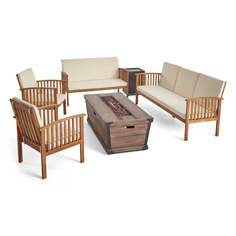 Carolina Outdoor 4 Piece Acacia Wood Conversational Set with Fire Pit by Christopher Knight Home - Teak Finish + Brown + Cream Cushion