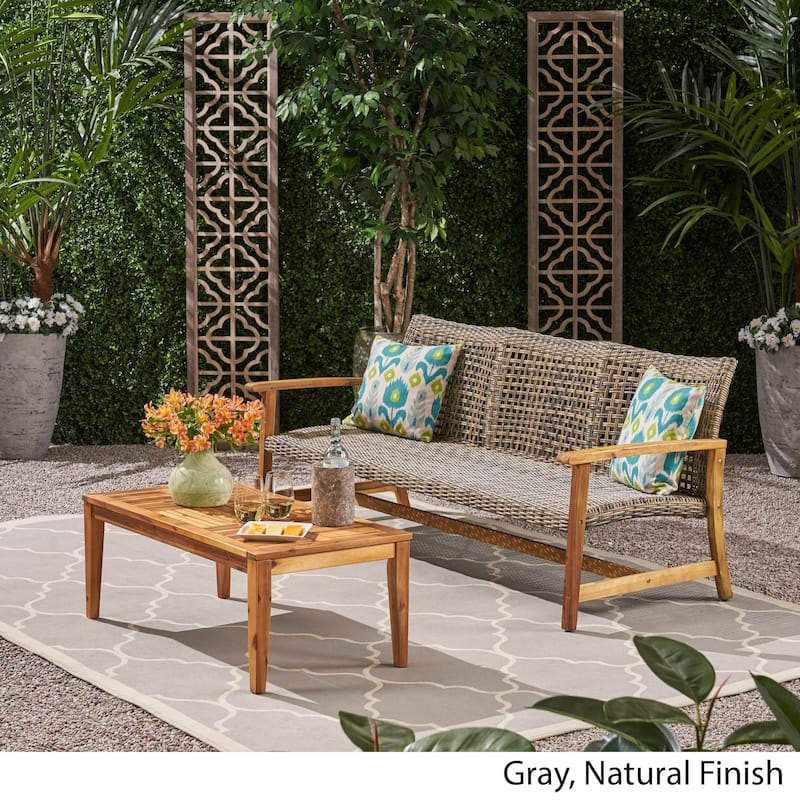 Hampton Outdoor Wood/ PE Wicker Sofa and Coffee Table Set by Christopher Knight Home