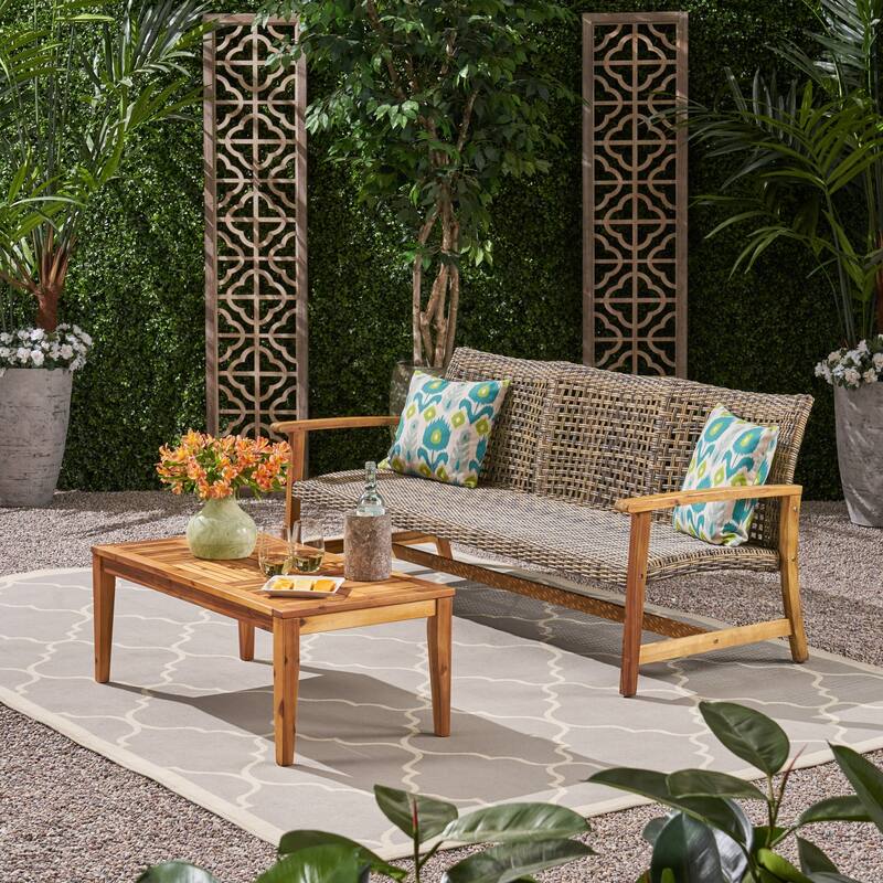 Hampton Outdoor Wood/ PE Wicker Sofa and Coffee Table Set by Christopher Knight Home - Gray + Natural Finish