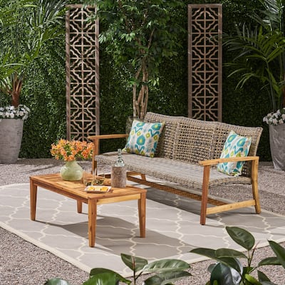 Hampton Outdoor Wood/ PE Wicker Sofa and Coffee Table Set by Christopher Knight Home
