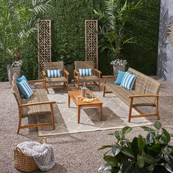 Hampton Outdoor 5piece Wood and Wicker Sofa Chat Set by Christopher