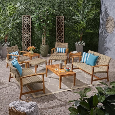 Hampton Outdoor 9-pc. Wood/Wicker Chat Set by Christopher Knight Home