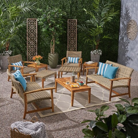 Hampton Outdoor 9-pc. Wood/Wicker Chat Set by Christopher Knight Home