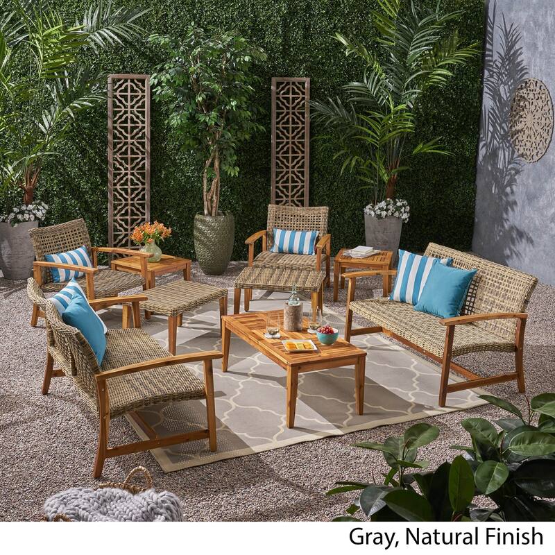 Hampton Outdoor 9-pc. Wood/Wicker Chat Set by Christopher Knight Home