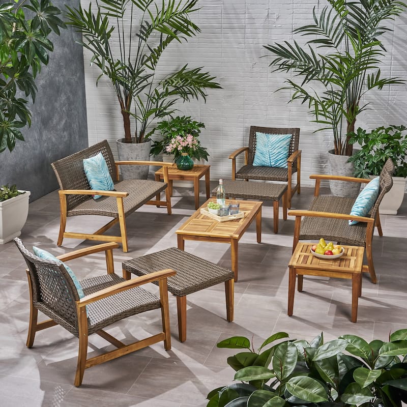 Hampton Outdoor 9-pc. Wood/Wicker Chat Set by Christopher Knight Home