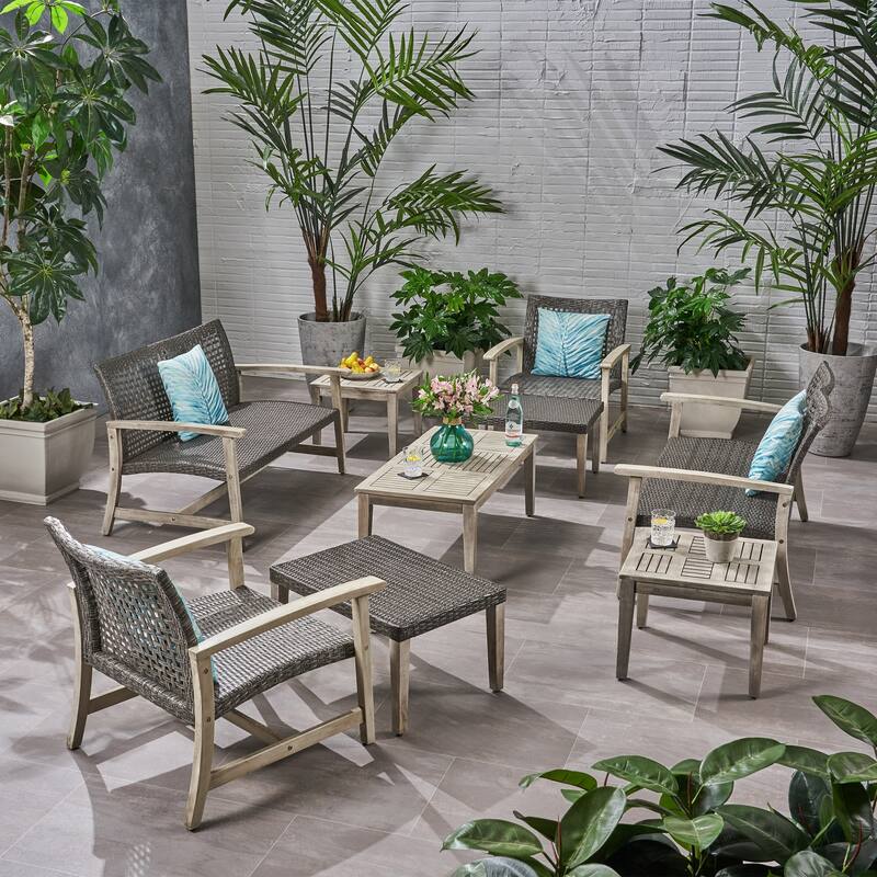 Hampton Outdoor 9-pc. Wood/Wicker Chat Set by Christopher Knight Home - Mixed Black, Light Gray Washed Finish