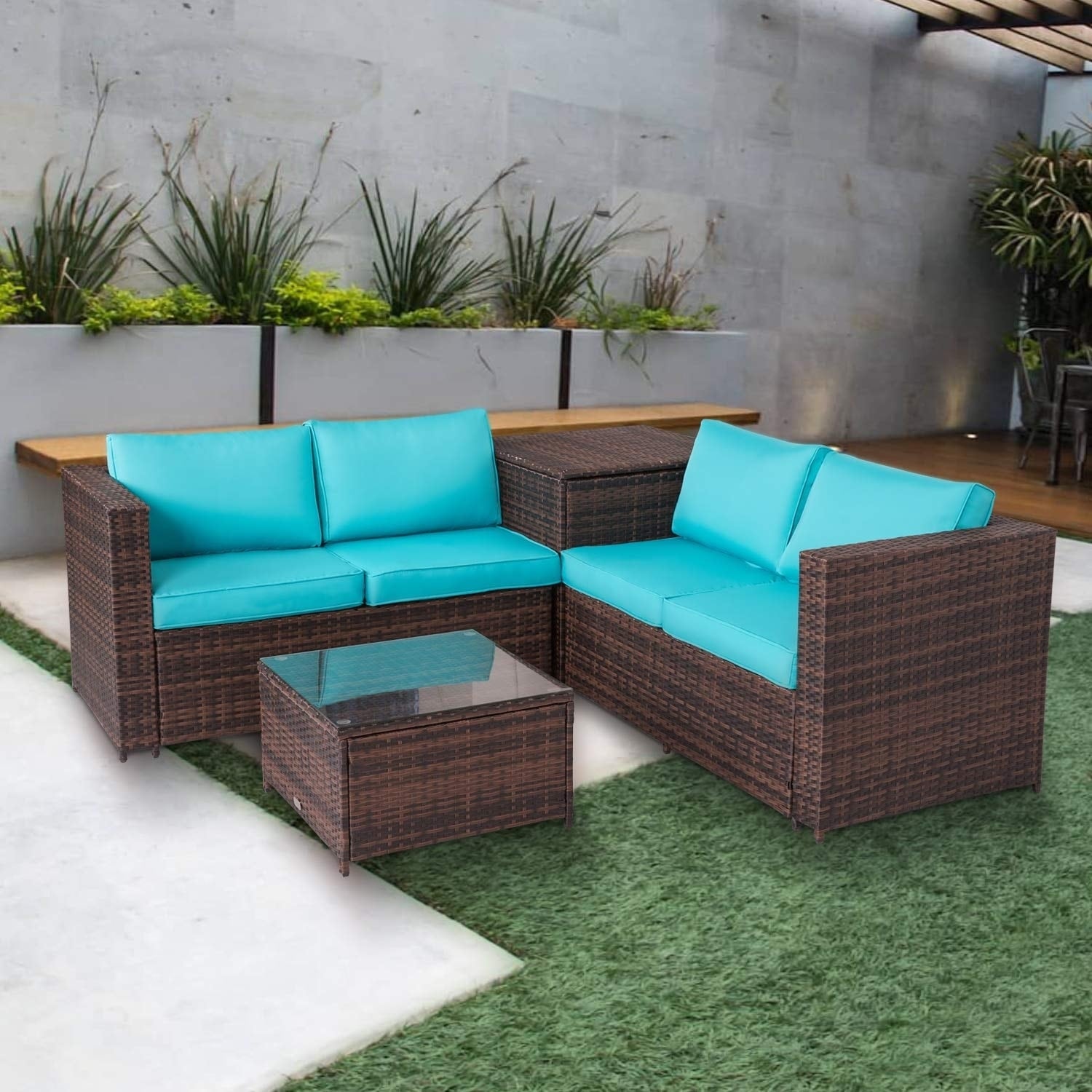 Kinbor 4 Piece Patio Furniture Set Rattan Wicker Sectional Sofa Conversation With Storage Kinbor 4 Piece Patio Furniture Set Rattan Wicker Sectional Sofa Conversation With Storage