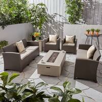 Comet Outdoor 8-Seater Wicker Chat Set with Fire Pit and Tank Holder by Christopher Knight Home