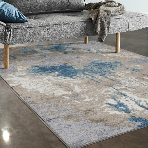 Allstar Rugs Off Beige and Ivory Abstract Rectangular Area Rug with Turquoise Highlights - 4' 11" x 7' 0"