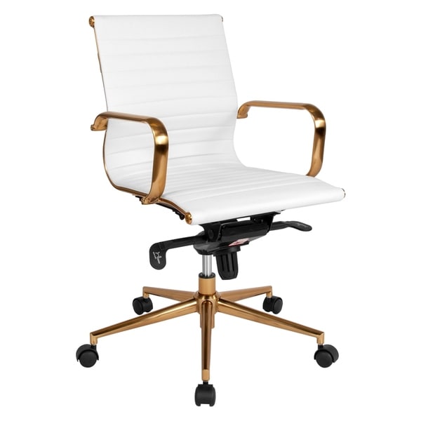 Sleek White Ribbed Leather with Rose Gold Metal Base Swivel Adjustable Office Chair