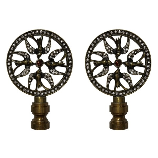 Royal Designs Bird Filigree Design with Crystal Embelishments Lamp Finial, Antique Brass- Set of 2