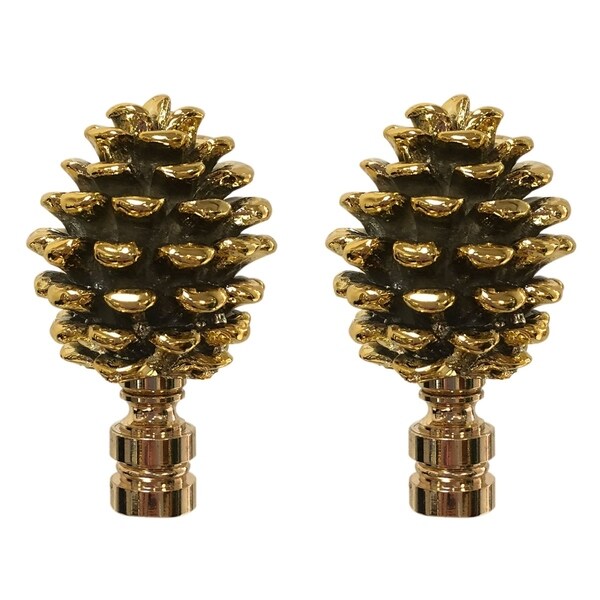 Royal Designs Pine Cone Design Lamp Finial, Polished Brass- Set of 2