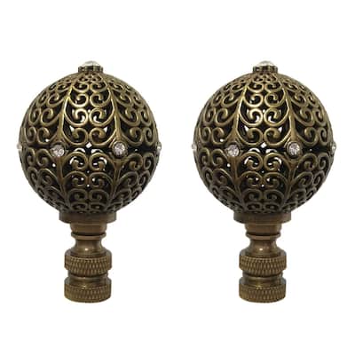 Royal Designs Traditional Filigree Sphere with Crystal Embelishments Lamp Finial, Antique Brass- Set of 2