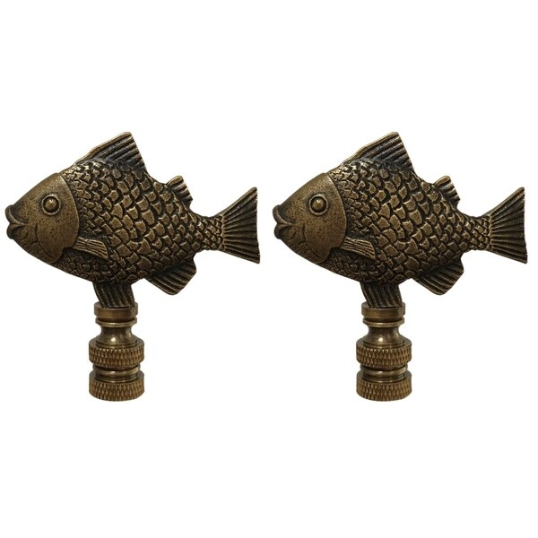 Royal Designs Fish Design Lamp Finial, Antique Brass- Set of 2