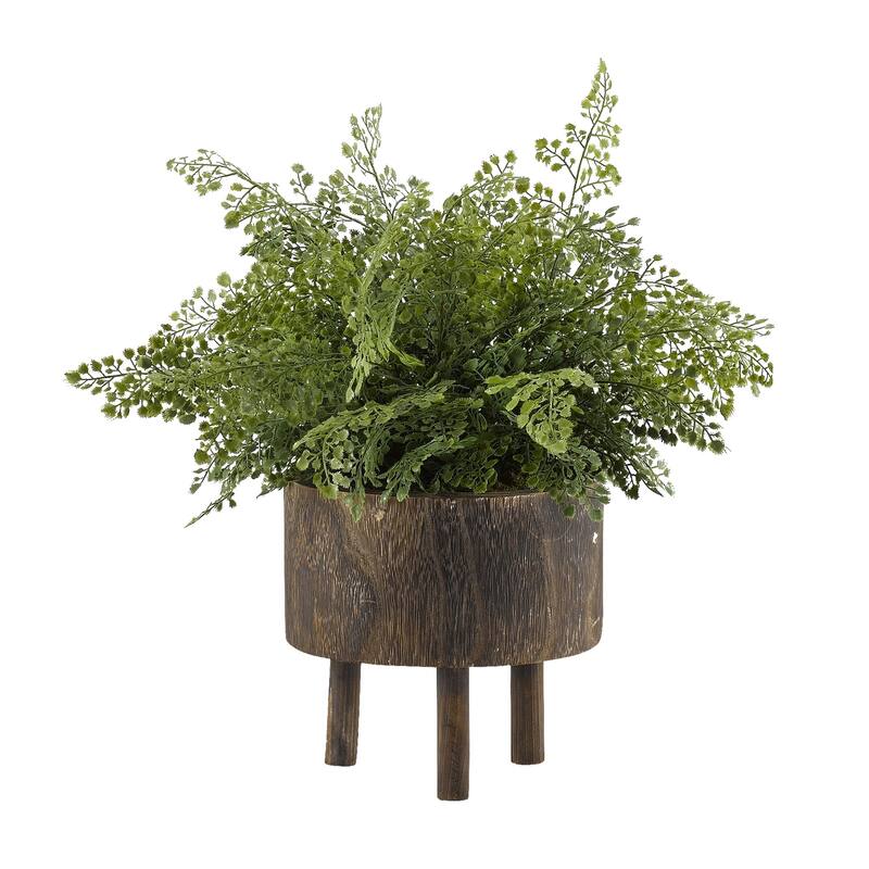 D&W Silks Maiden Hair Fern in Round Wooden Planter with Legs - Green
