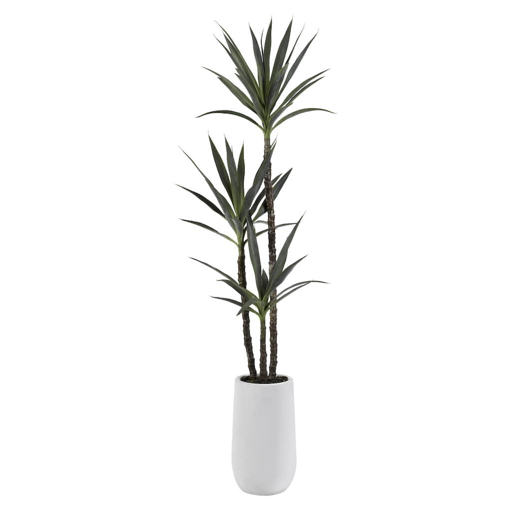 D&W Silks 6-feet Yucca Tree in Tall Round White Resin Planter - Green