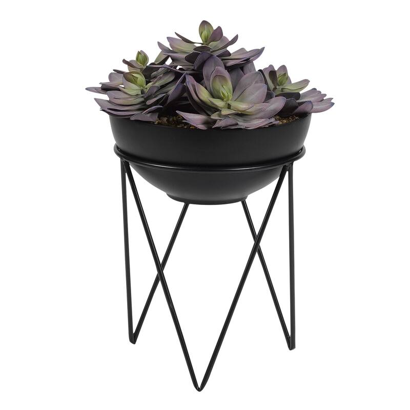 D&W Silks Frosted Pink Echeveria in Black Resin Bowl with Metal Stand - Frosted Pink
