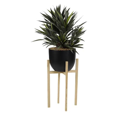 D&W Silks Yucca Plant in Black Resin Bowl with Wood Stand - Green