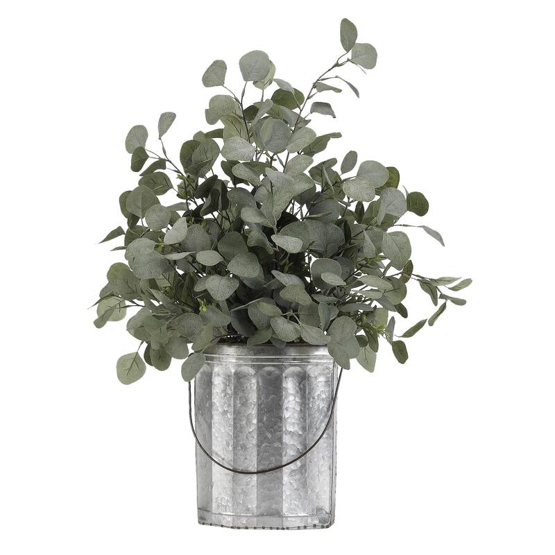 D&W Silks Silver Dollar Eucalyptus in Oval Metal Bucket with Wire Handle - Silver Green