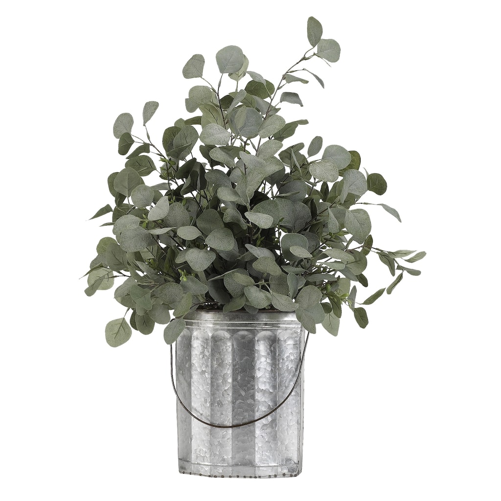 D&W Silks Silver Dollar Eucalyptus in Oval Metal Bucket with Wire Handle - Silver Green