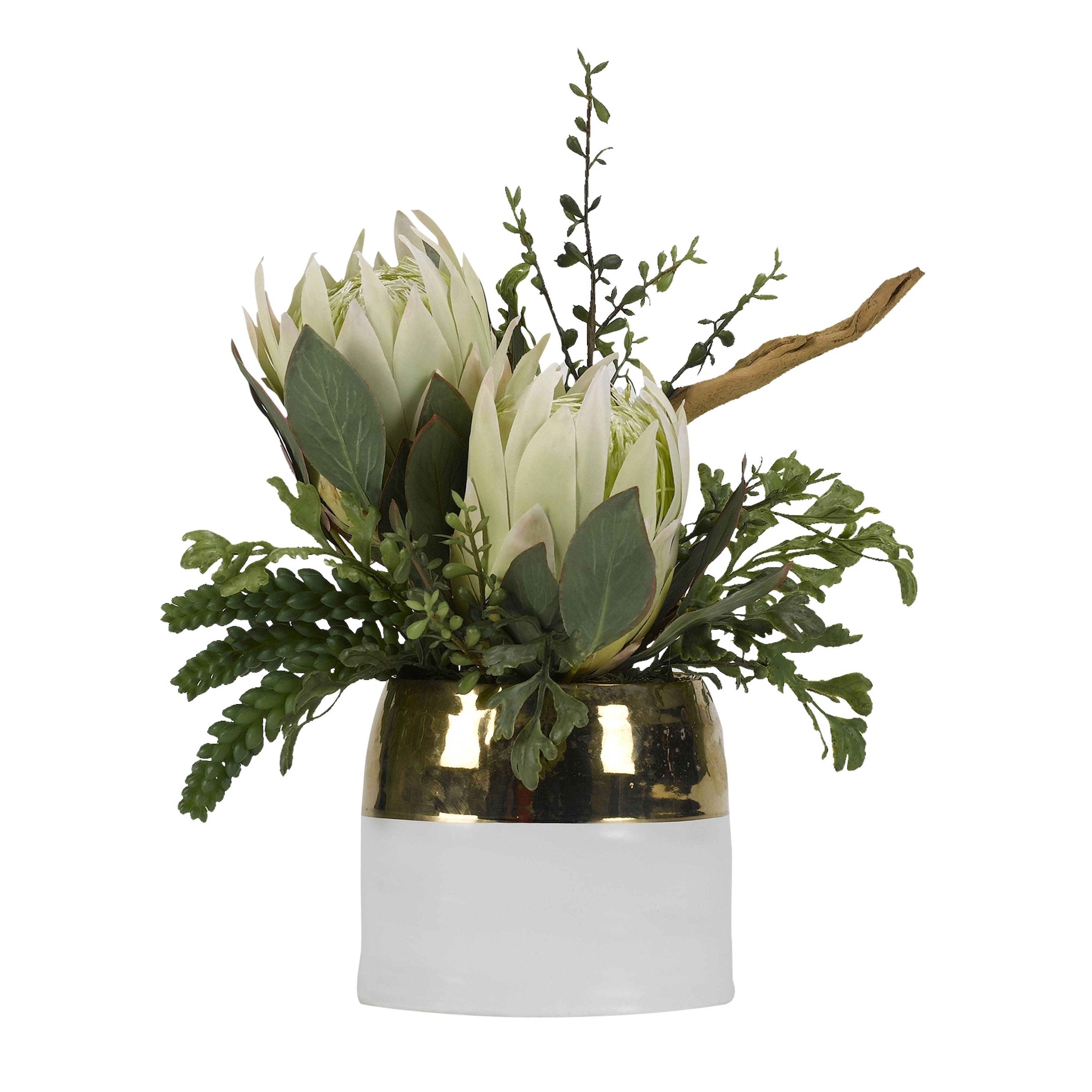 D&W Silks Large Green King Proteas with Hare's Foot Fern in Oval Cream and Gold Ceramic