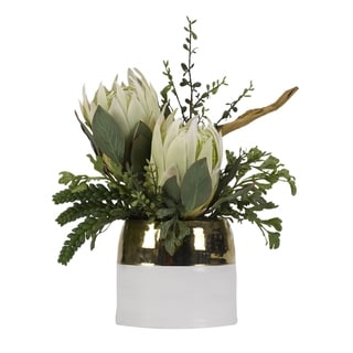 D&w Silks Large Green King Proteas With Hare's Foot Fern In Oval Cream 