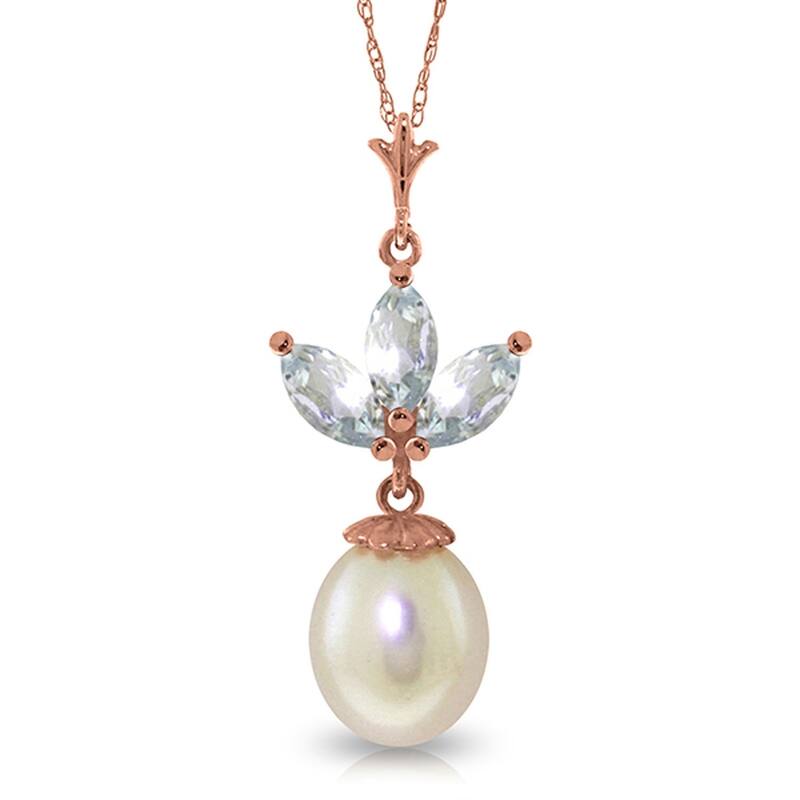 14K Solid Rose Gold Necklace with pearl & Aquamarines
