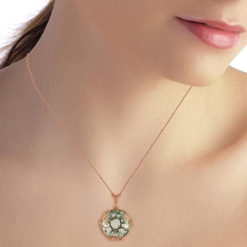 14K Solid Rose Gold Necklace with Checkerboard Cut Round Green Amethyst