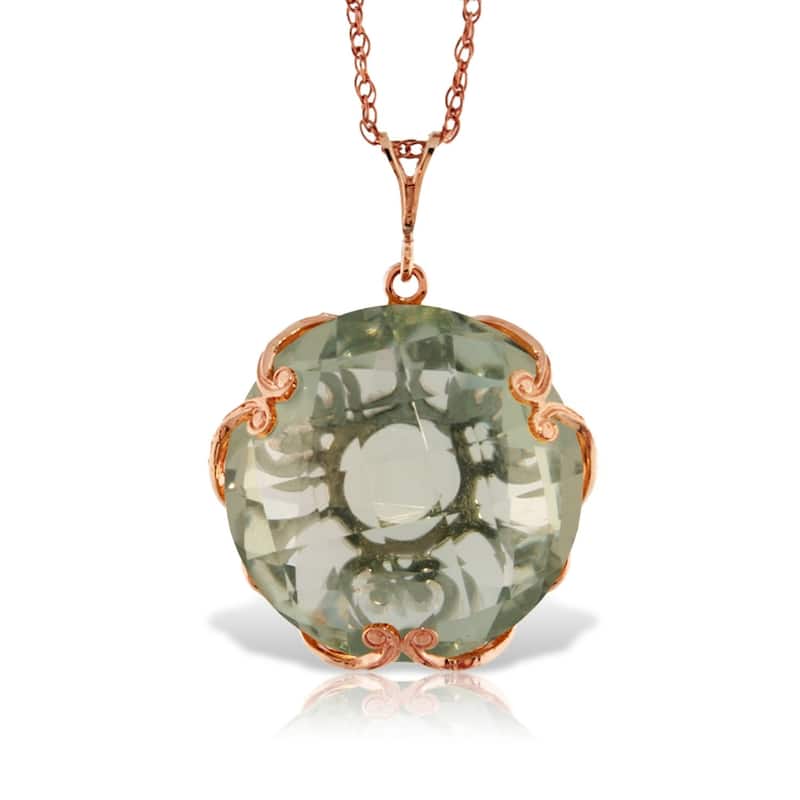 14K Solid Rose Gold Necklace with Checkerboard Cut Round Green Amethyst