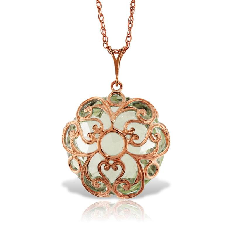 14K Solid Rose Gold Necklace with Checkerboard Cut Round Green Amethyst