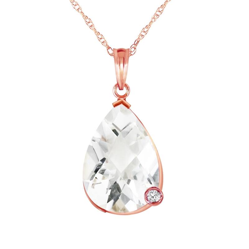 14K Solid Rose Gold Necklace with Briolette Checkerboard Cut White Topaz & Diamond
