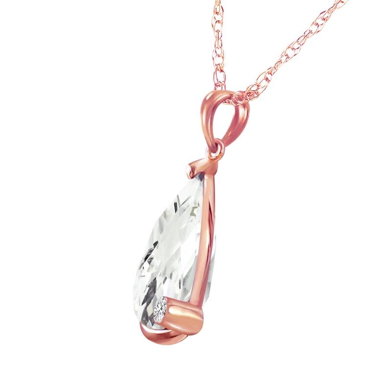 14K Solid Rose Gold Necklace with Briolette Checkerboard Cut White Topaz & Diamond
