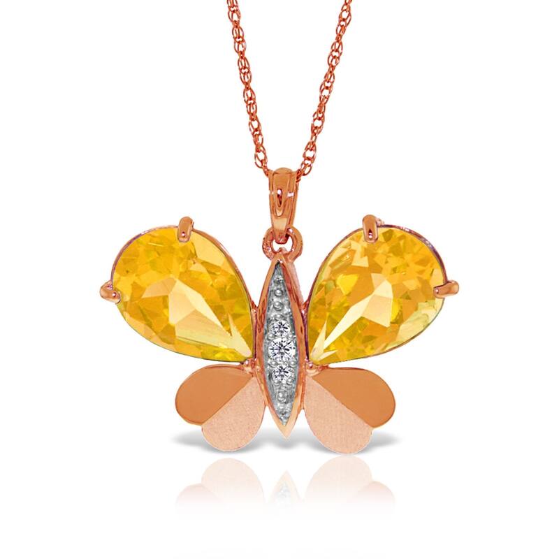 14K Solid Rose Gold Batterfly Necklace withNatural Diamonds & Citrines