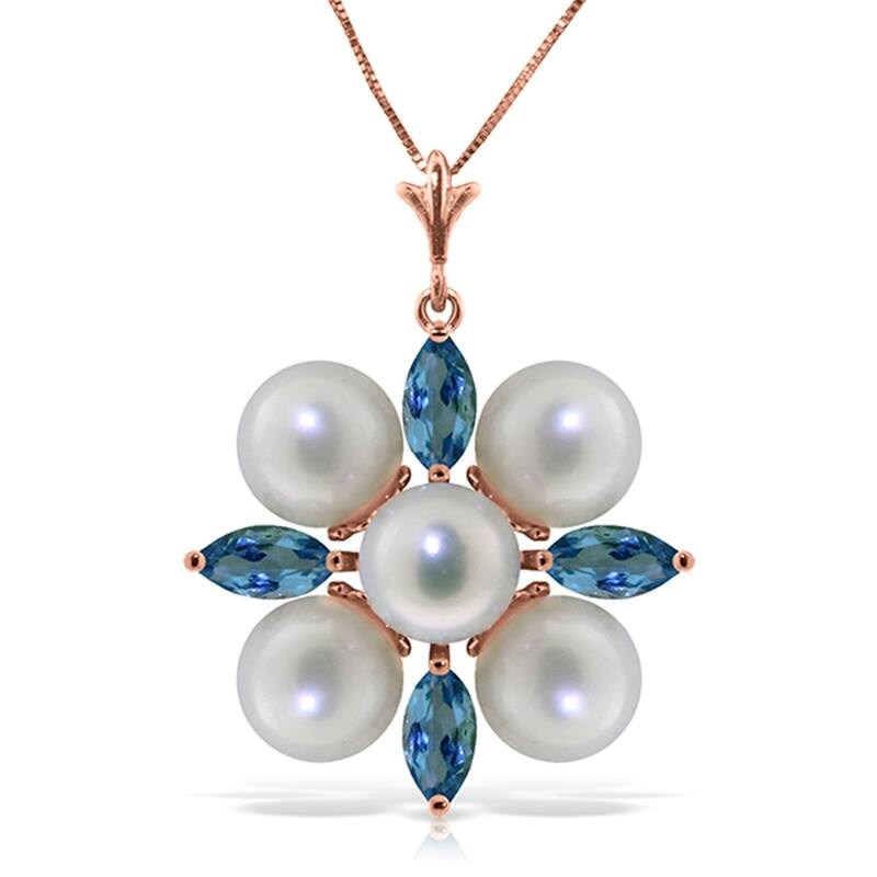 6.3 Carat 14K Solid Rose Gold Snowflake pearl Blue Topaz Necklace