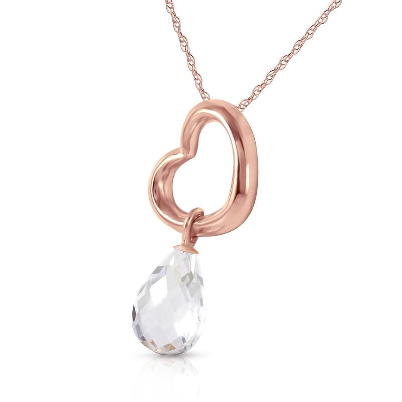 14K Solid Rose Gold Heart Necklace with Dangling Natural White Topaz